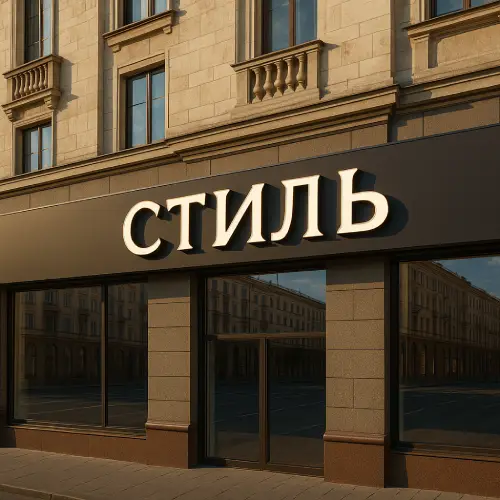 Вывеска магазина одежды «Стиль» в Минске — буквы из нержавеющей стали с контражурной подсветкой теплым белым